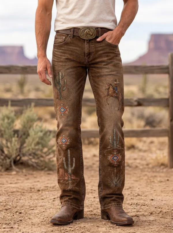 Men's Frontier Inspired Western Cowboy Horse Cactus Jeans