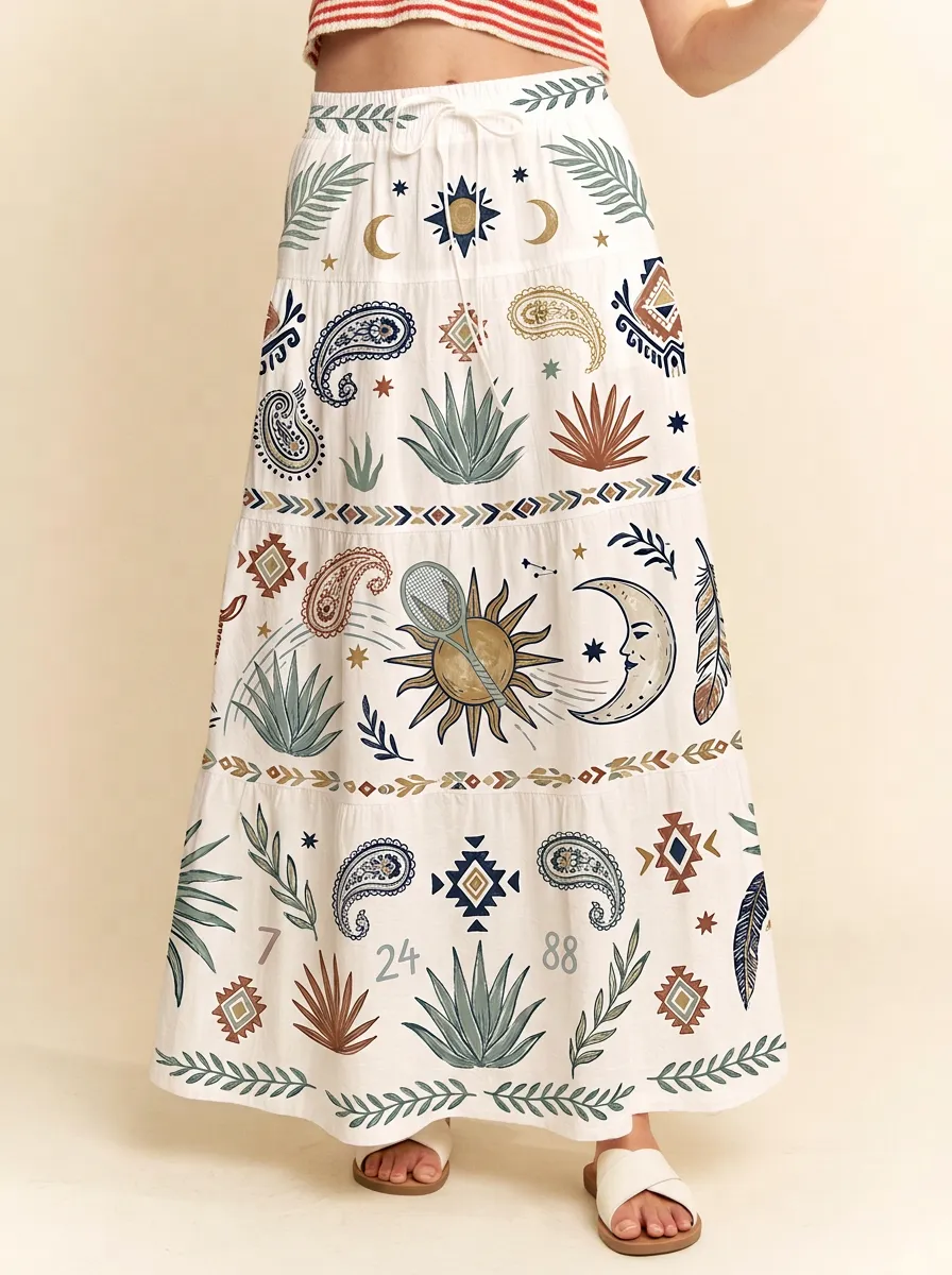 Women's Boho Tennis Sun Moon Paisley Graphic Maxi Skirt