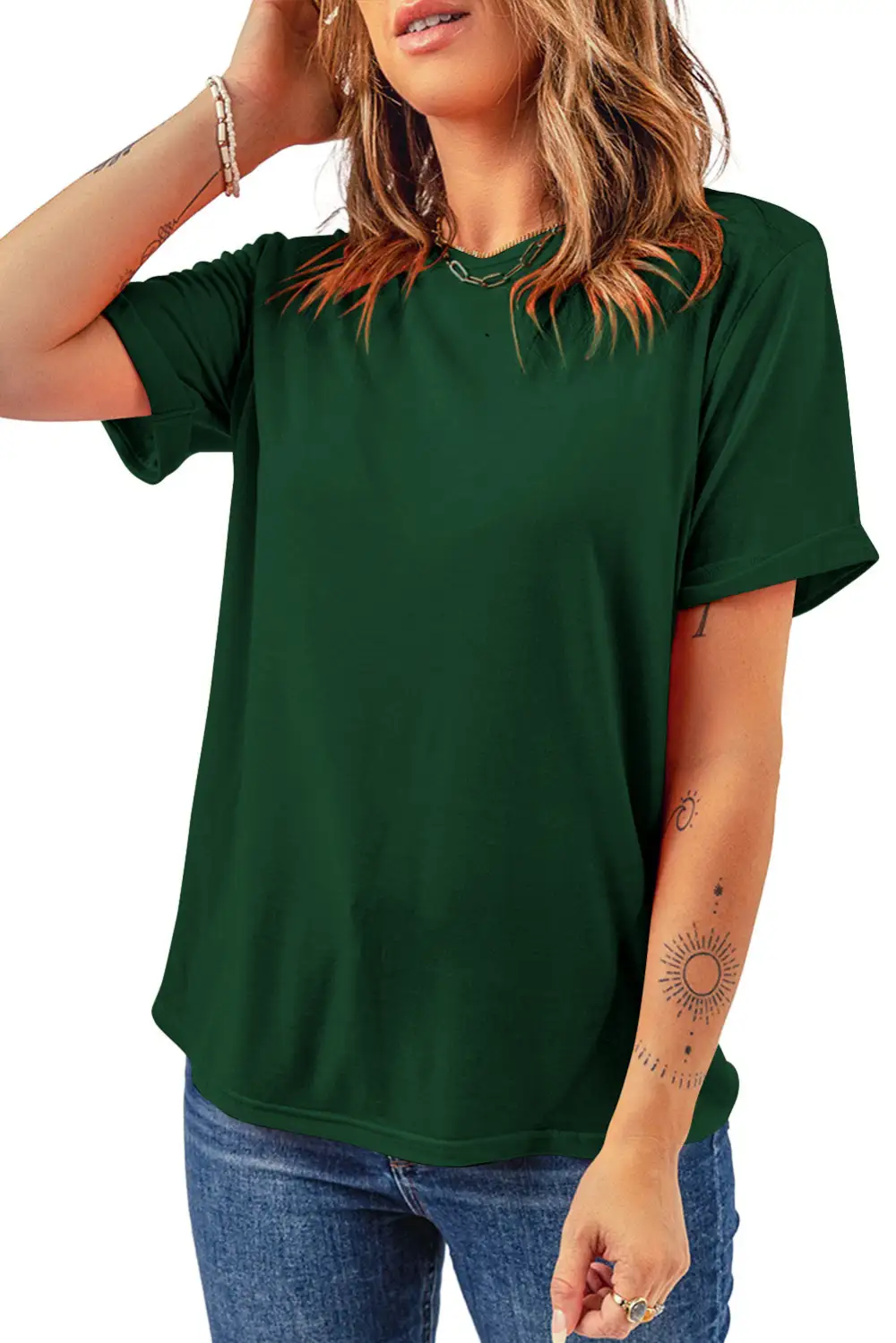 Green Casual Plain Crew Neck