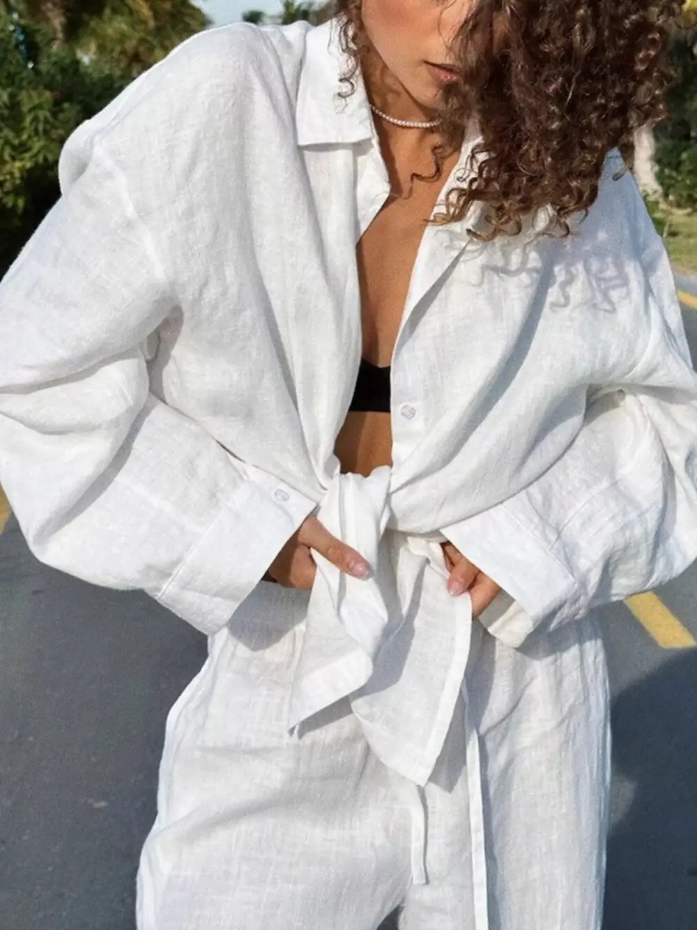 Relaxed Fit Button Up Shirt and Pants Two Piece Set
