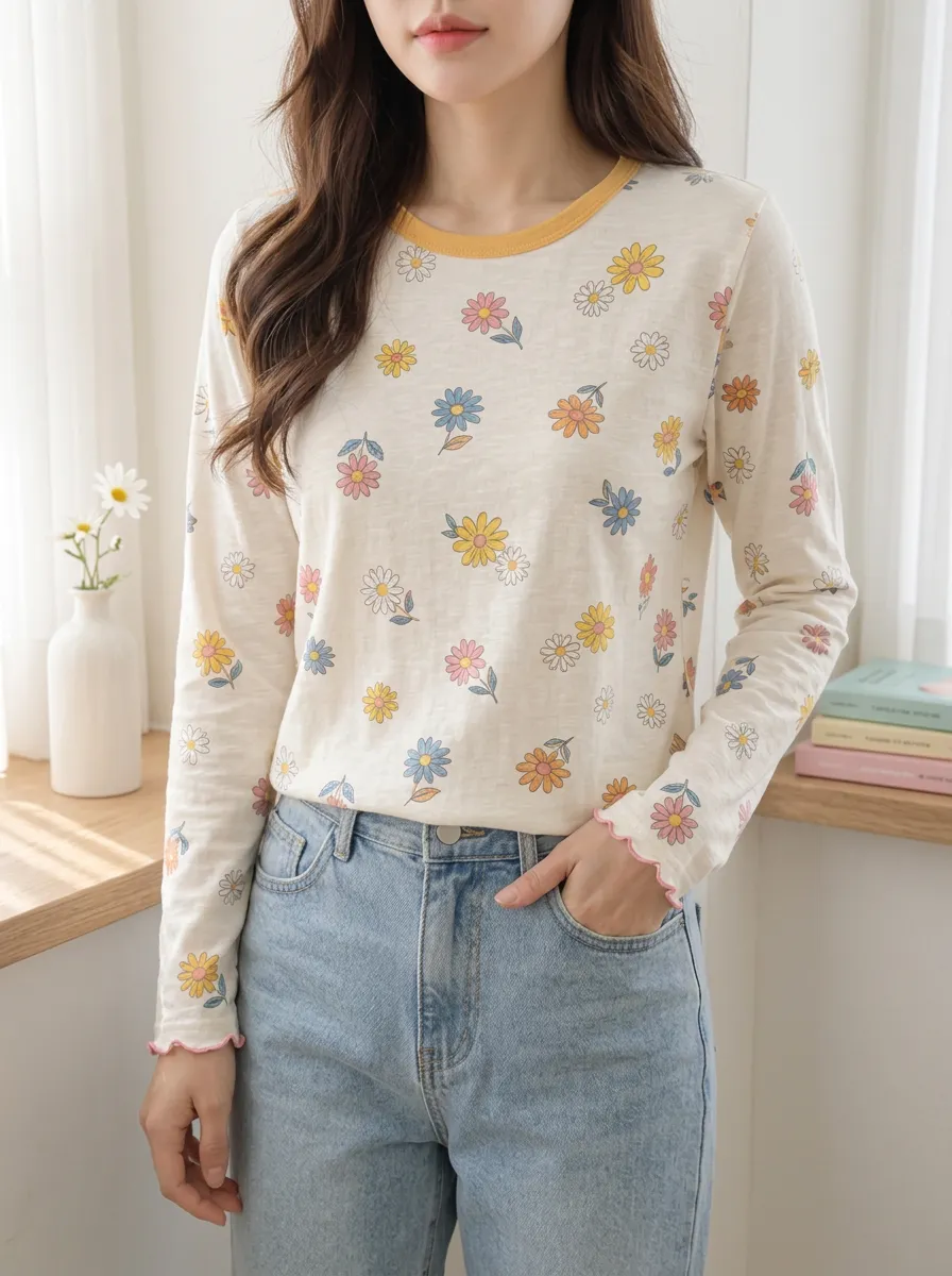 Women's Sweet Style Colorful Daisy Floral Printed Long Sleeve T-shirt