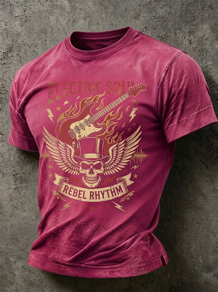 Men's Rock Music Lover Winged Skull Guitar Printed T-shirt