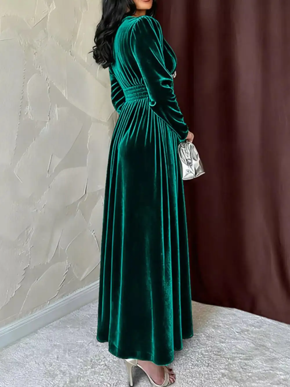Textured Detail Velvet V Neck Long Sleeve Maxi Dress