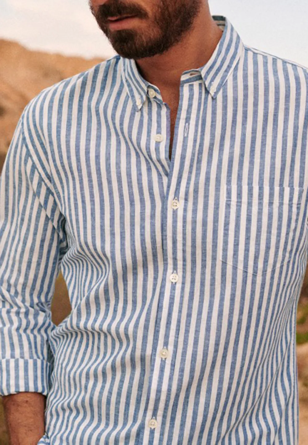 White Blue Vertical Stripe Cotton Linen Blend Shirt