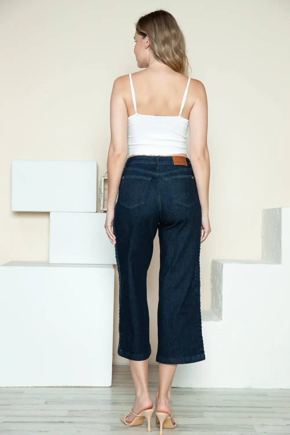 Side Seam Braid Detail Crop Wide Denim Jeans