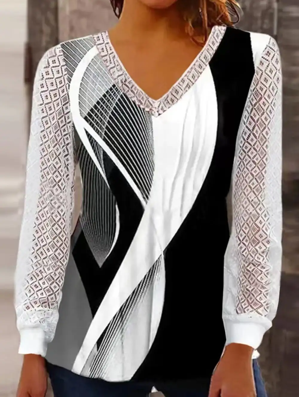 V-Neck Loose Printed Hollow Lace Top