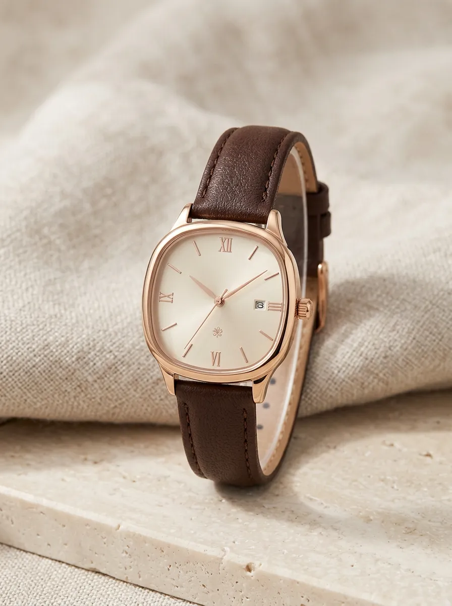 Brown Leather Strap Rose Gold Cushion Case Watch