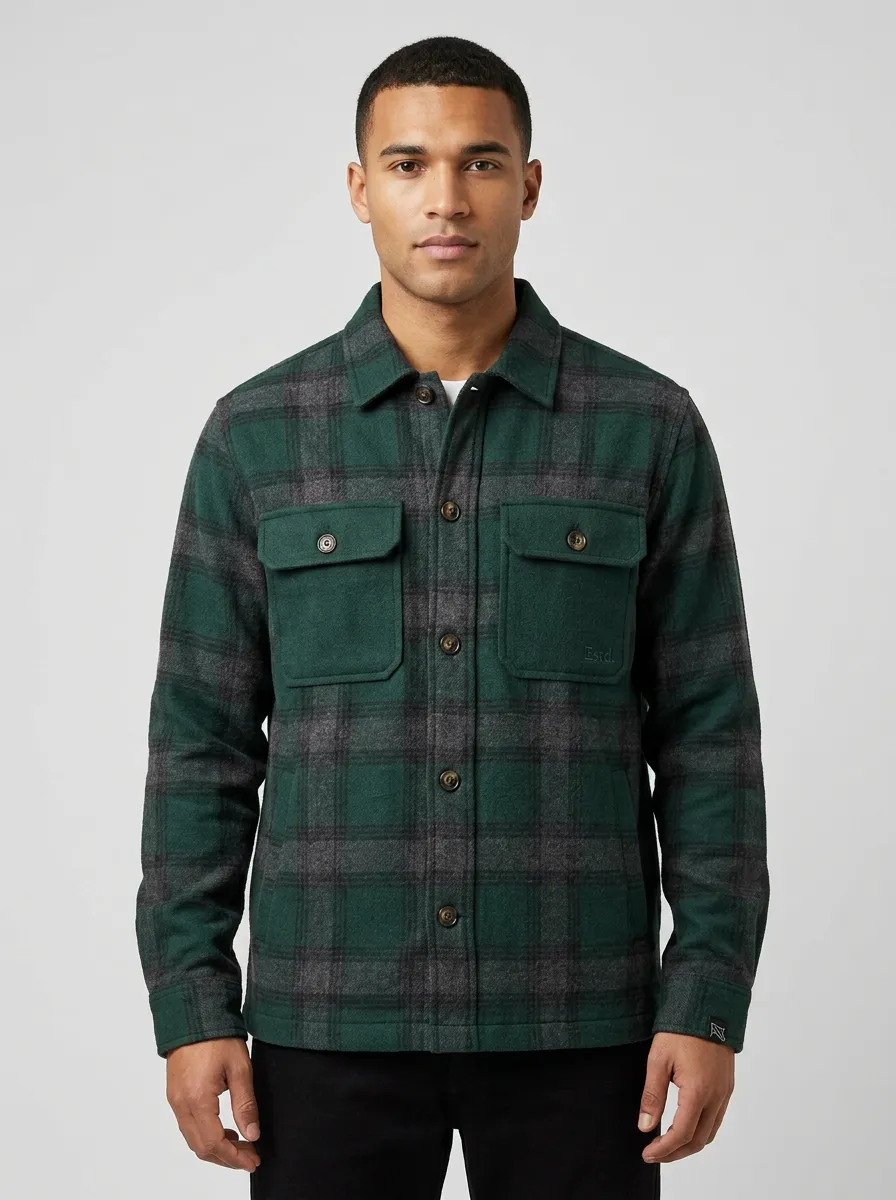 Men's Casual Outdoor Green Plaid Pattern Button-Up Jacket
