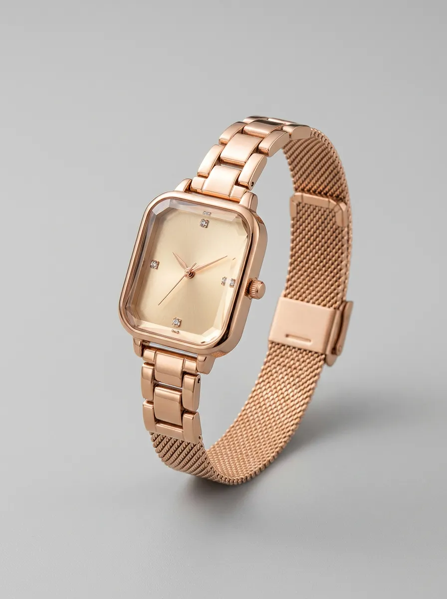 Rose Gold Rectangular Case Mesh Strap Watch