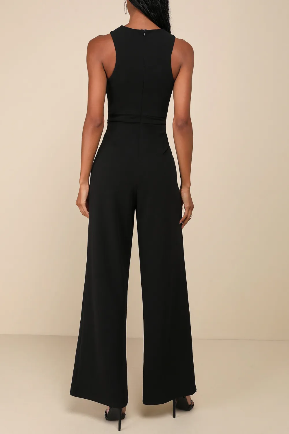 Casual Style Black Cross-Front Wide-Leg Jumpsuit