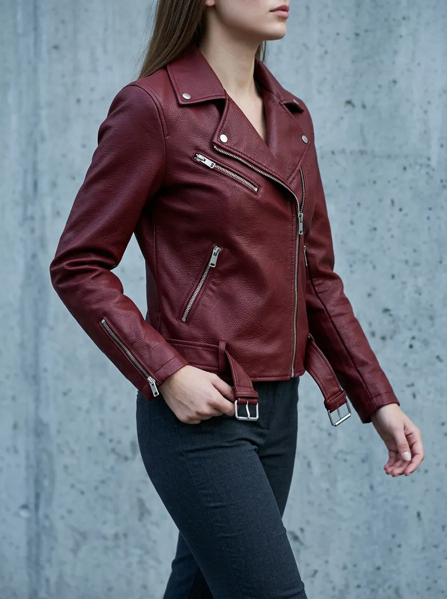 Women's Burgundy Faux Leather Biker Zippered Jacket