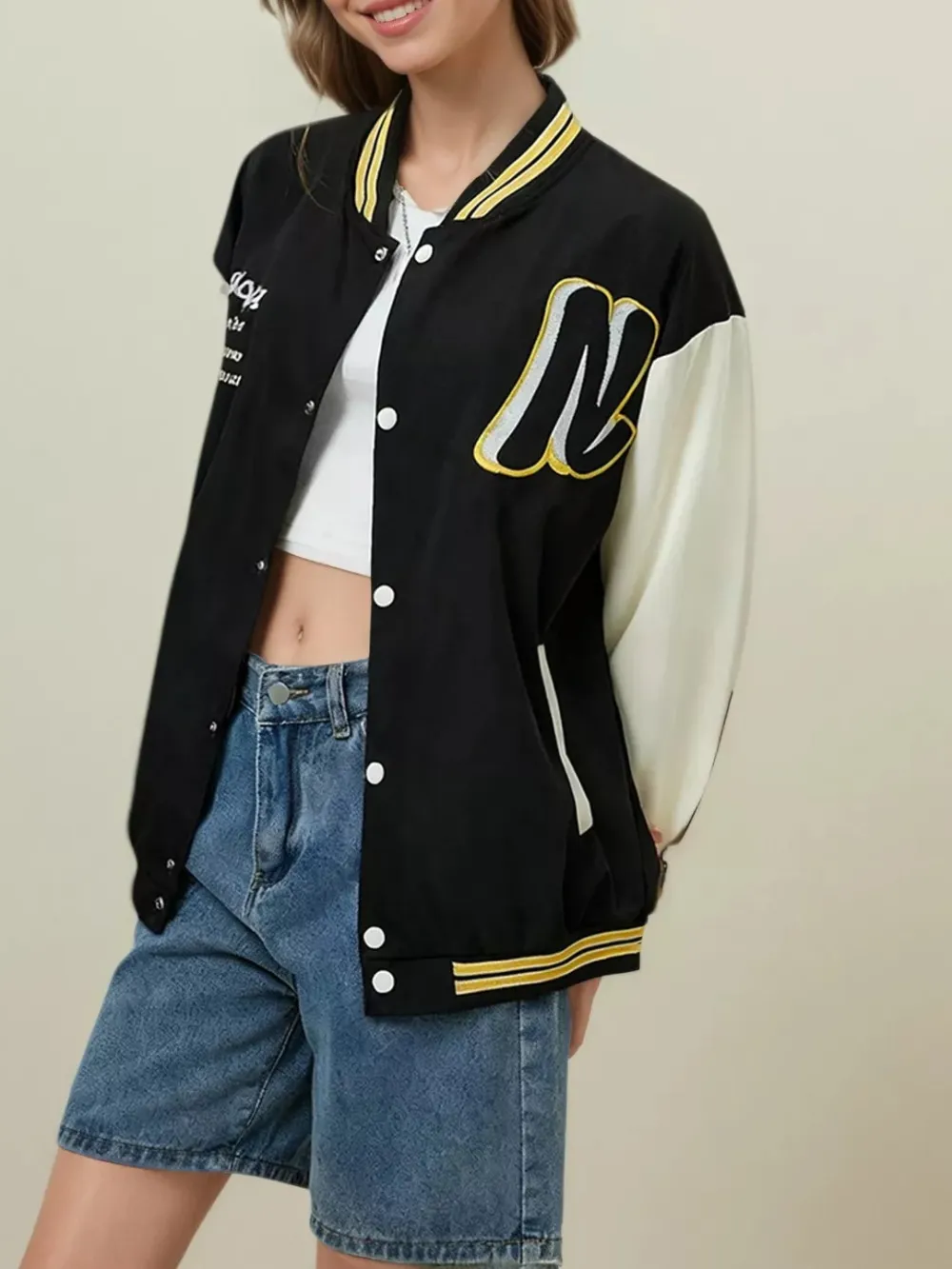 Plus Size Contrast Sleeves Snap Down Jacket