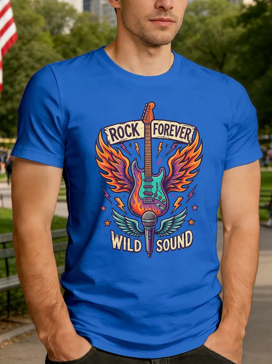 Men's Rock Music Lover Flaming Guitar Microphone Printed T-shirt