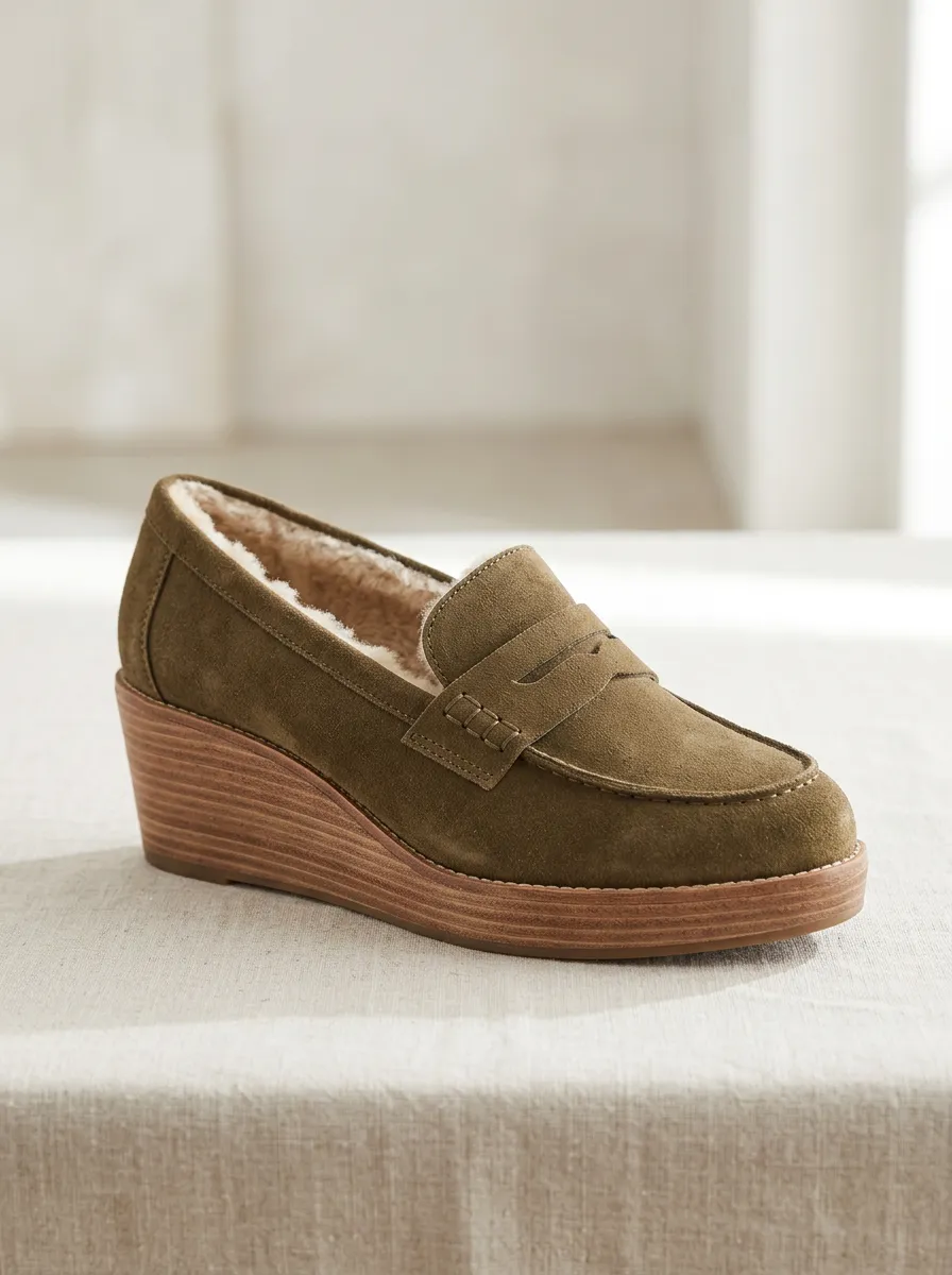 Women's Faux Fur Lined Suede Wood Sole Loafers