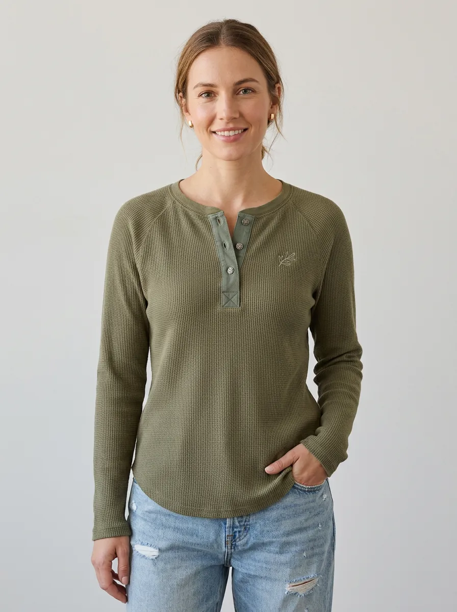 Women's Olive Waffle Knit Leaf Embroidered Henley Shirt