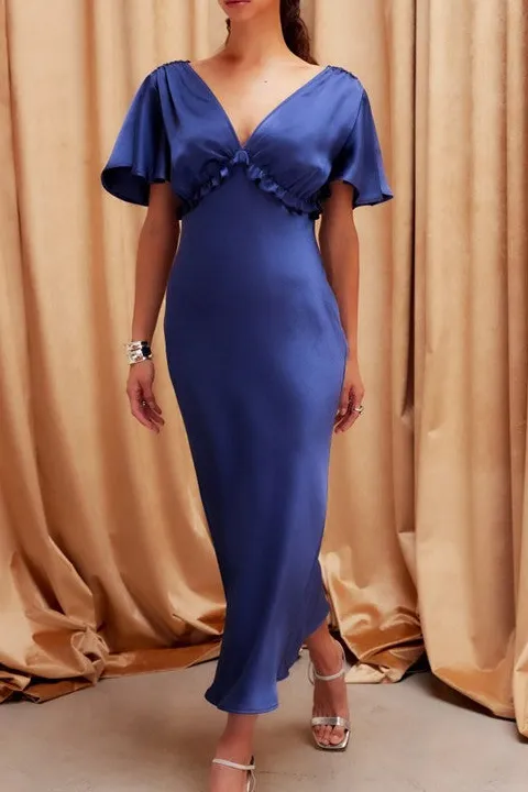 Women's Blue Flutter Sleeve Satin Maxi Dress