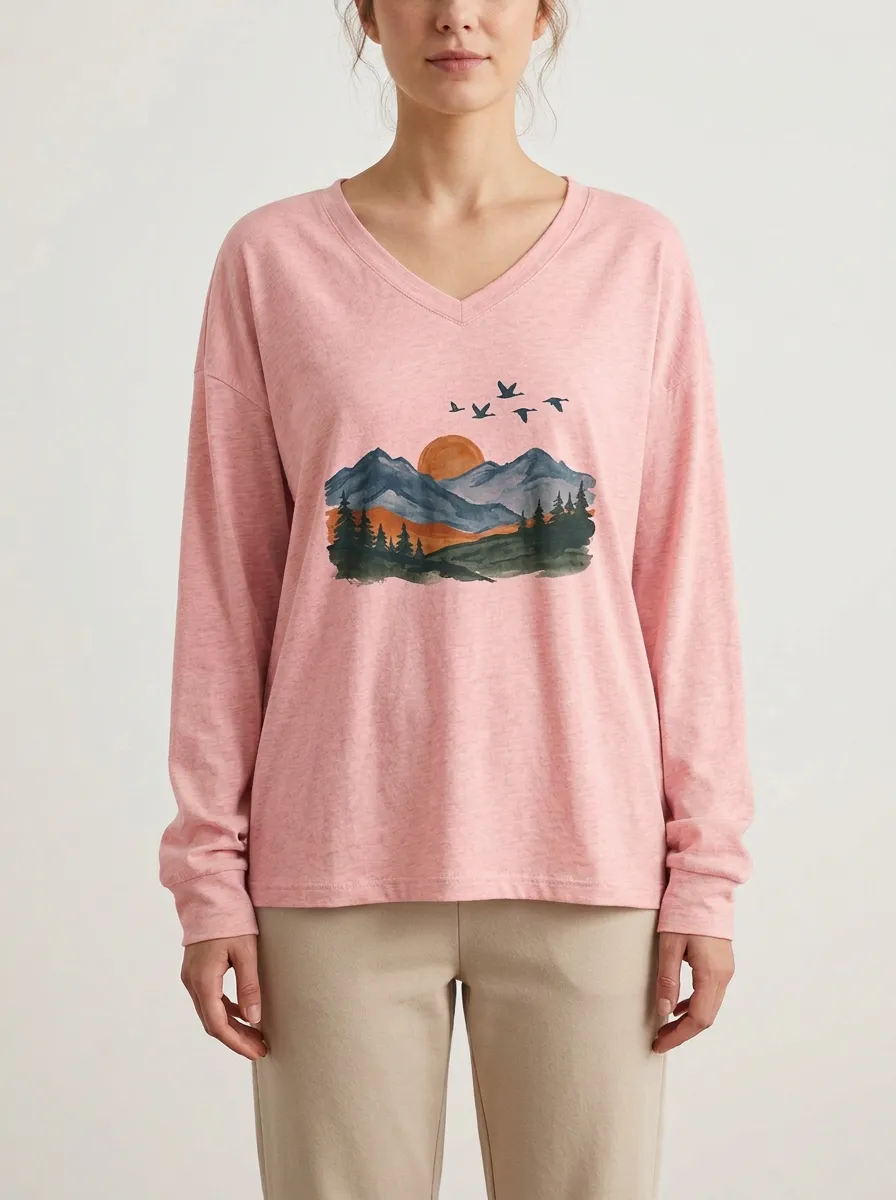 Women's Landscape Graphic V-Neck Long-Sleeve T-Shirt