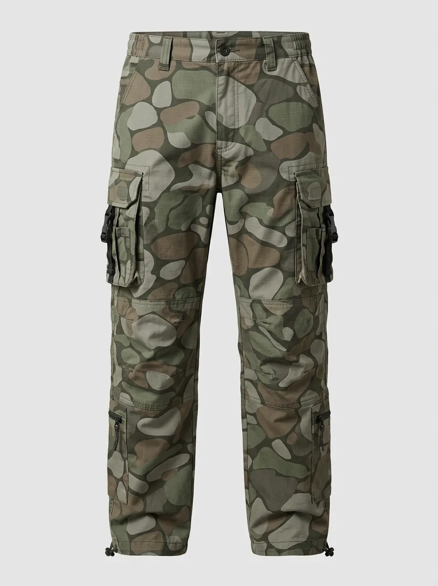 Men's Organic-Camo Buckle-Strap Utility Cargo Pants