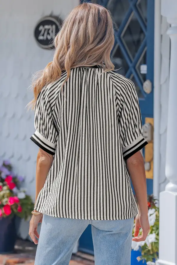 Women's Striped Polo Collar Zip Front Top