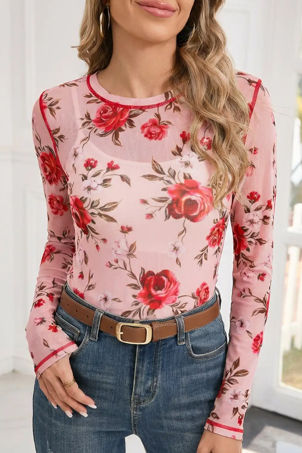 Classic Floral Print Mesh Stretch Fabric Long Sleeve Top