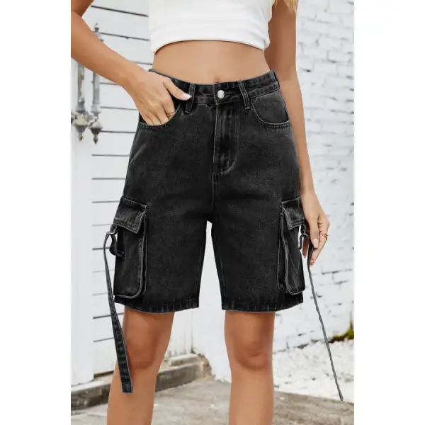 Pocketed Cargo Washed Denim Shorts
