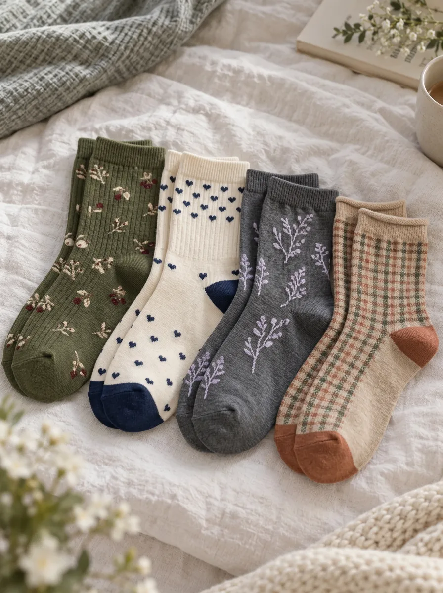 Women's Vintage Floral Heart Plaid Printed Socks Set
