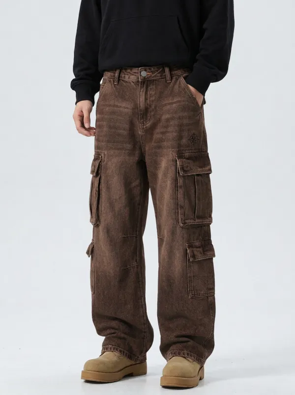 Men's Vintage Compass Embroidered Washed Denim Cargo Jeans