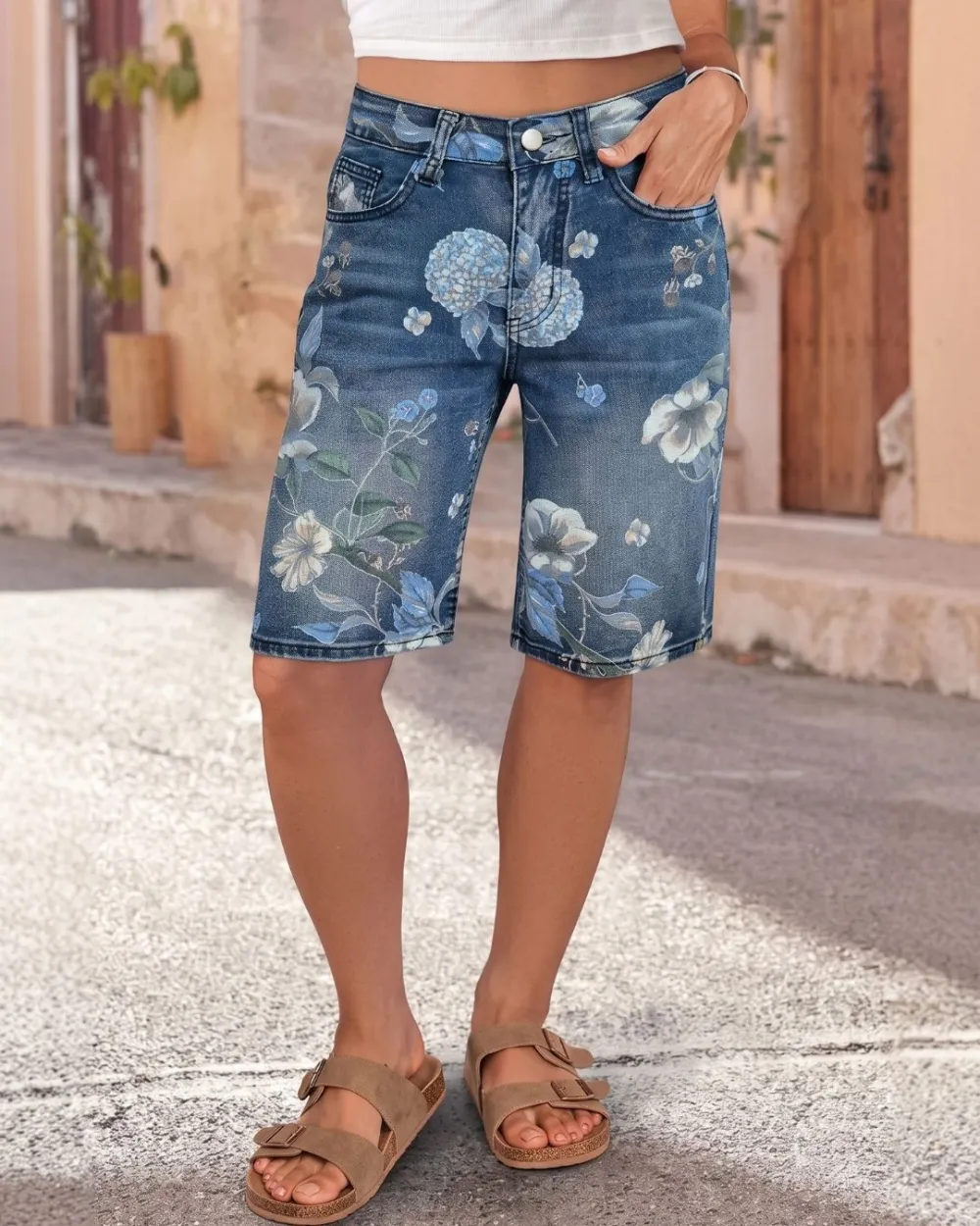 Floral High-Waist Denim Shorts