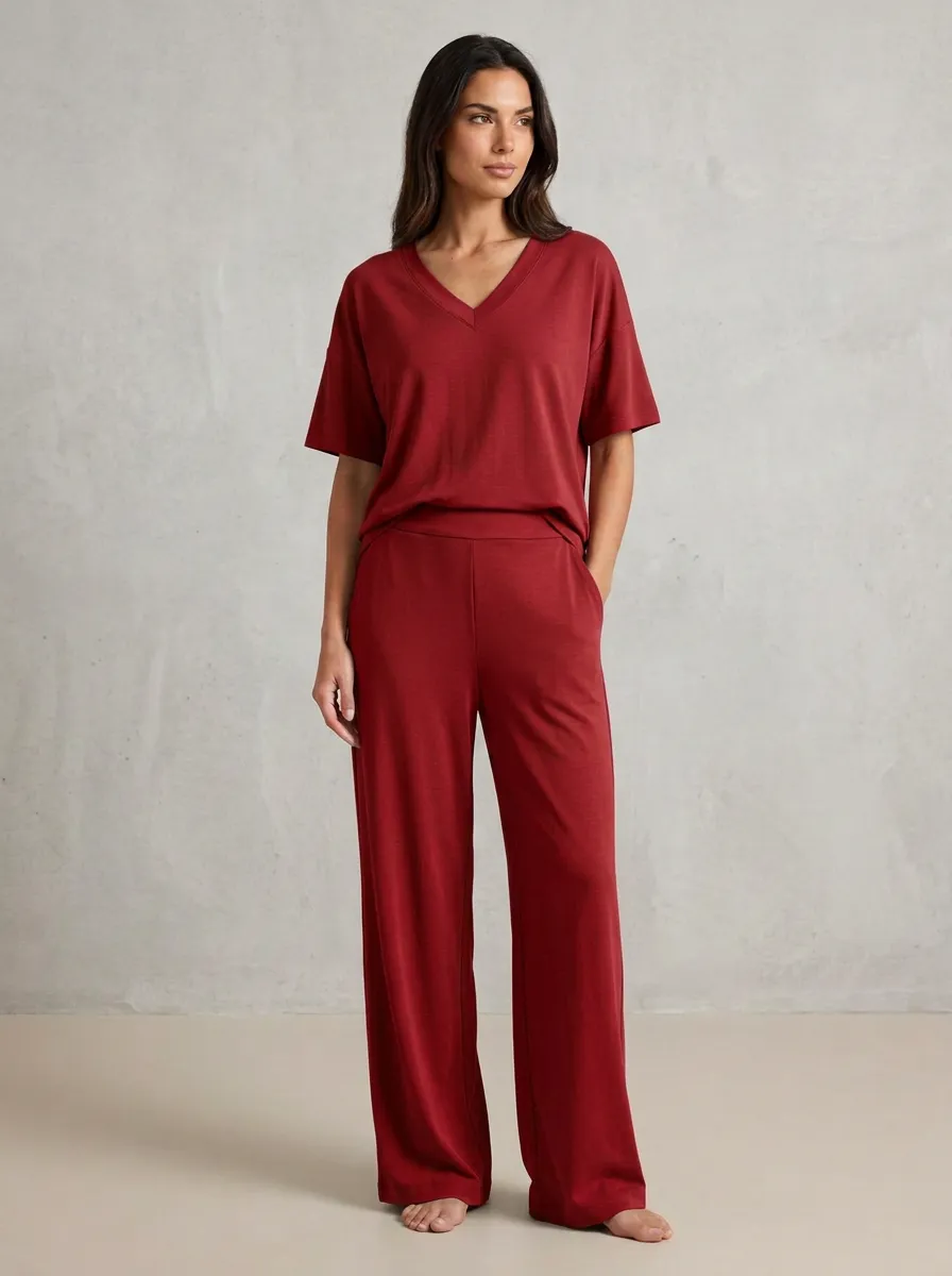Women's Drop-Shoulder V-Neck Top And Wide-Leg Trouser Lounge Set