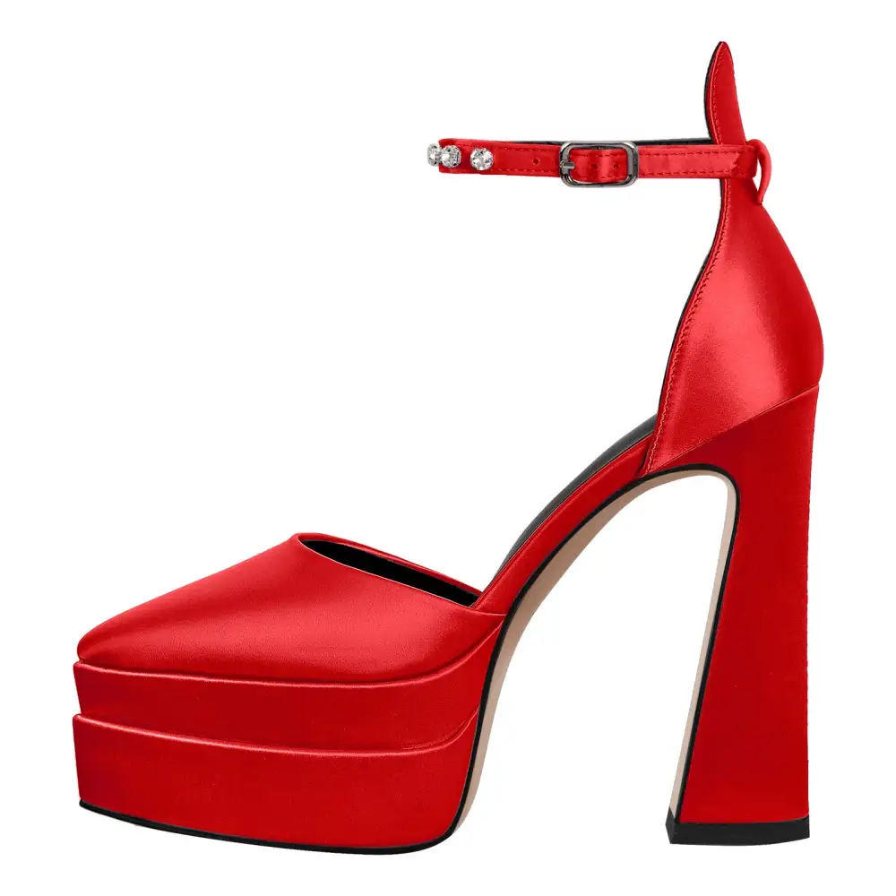 Satin Finish Rhinestone Pointed Toe Double Platform Chunky Heel Pumps
