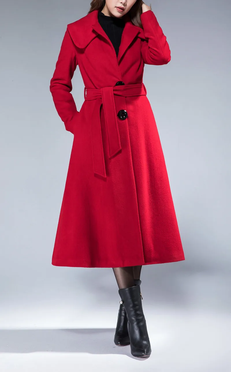 Wool Blend A Line Single Breasted Belted Lapel Collar Midi Coat