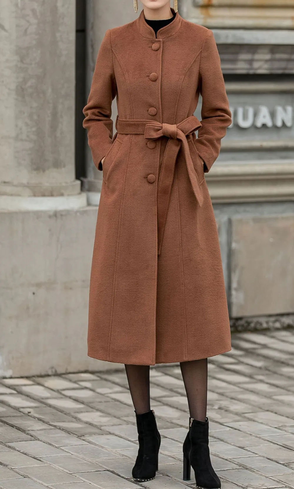 Wool Blend Tailored Single Breasted Belted Stand Collar Midi Coat