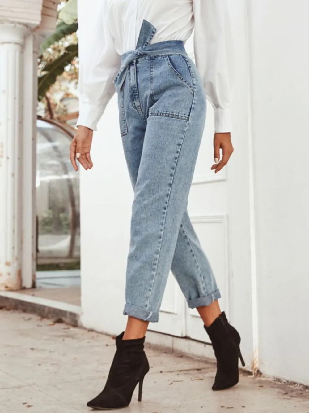 Washed Tie-Waist Pocketed Stretch Straight Leg Jeans