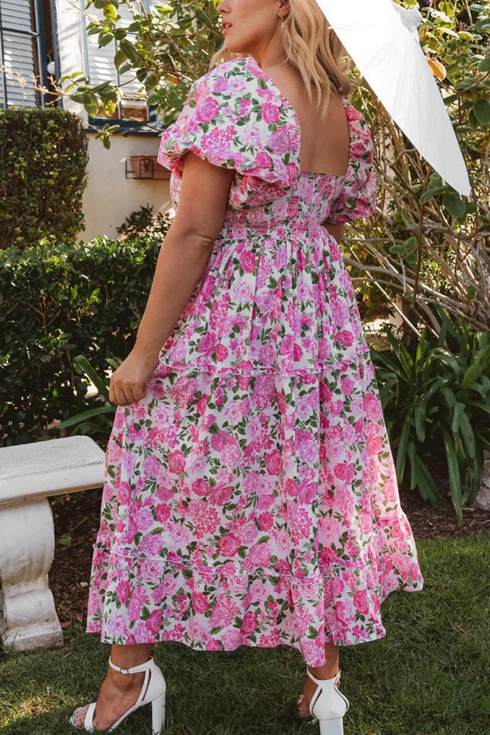 Classic Dainty Floral Smocked Puff Sleeve Flowy Long Dress