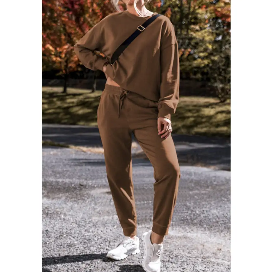 Side Slit Round Neck Long Sleeve Top and Pants Set