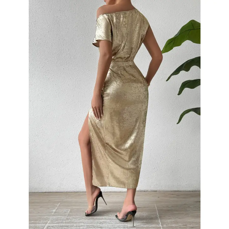 Slit One Shoulder Short Sleeve Midi Dress