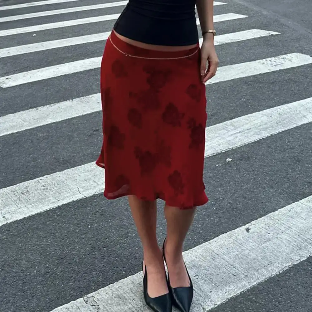 Midi Mesh Low-Waist Floral Skirt
