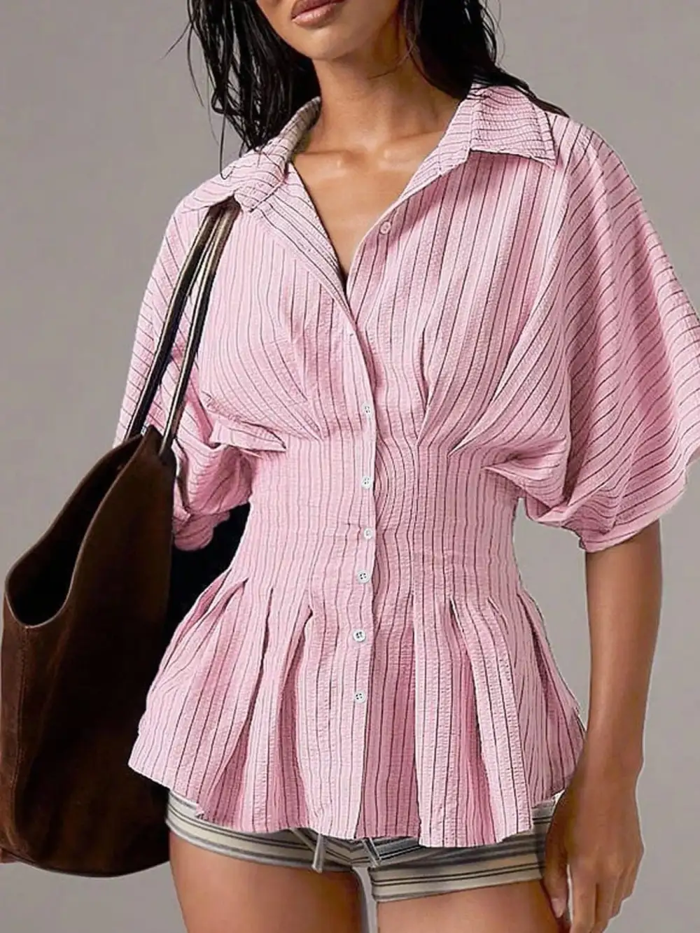 Cinched-Waist Striped Buttoned Shirt