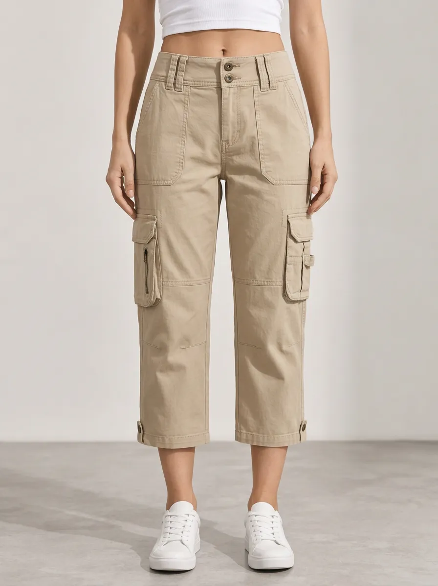 Women's Mid Rise Capri Weekend Utility Multi Pocket Cargo Pants