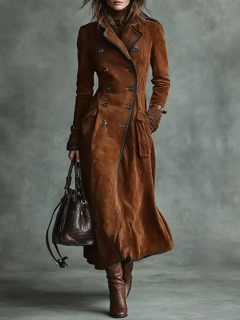 Double-Breasted Suede Long Coat