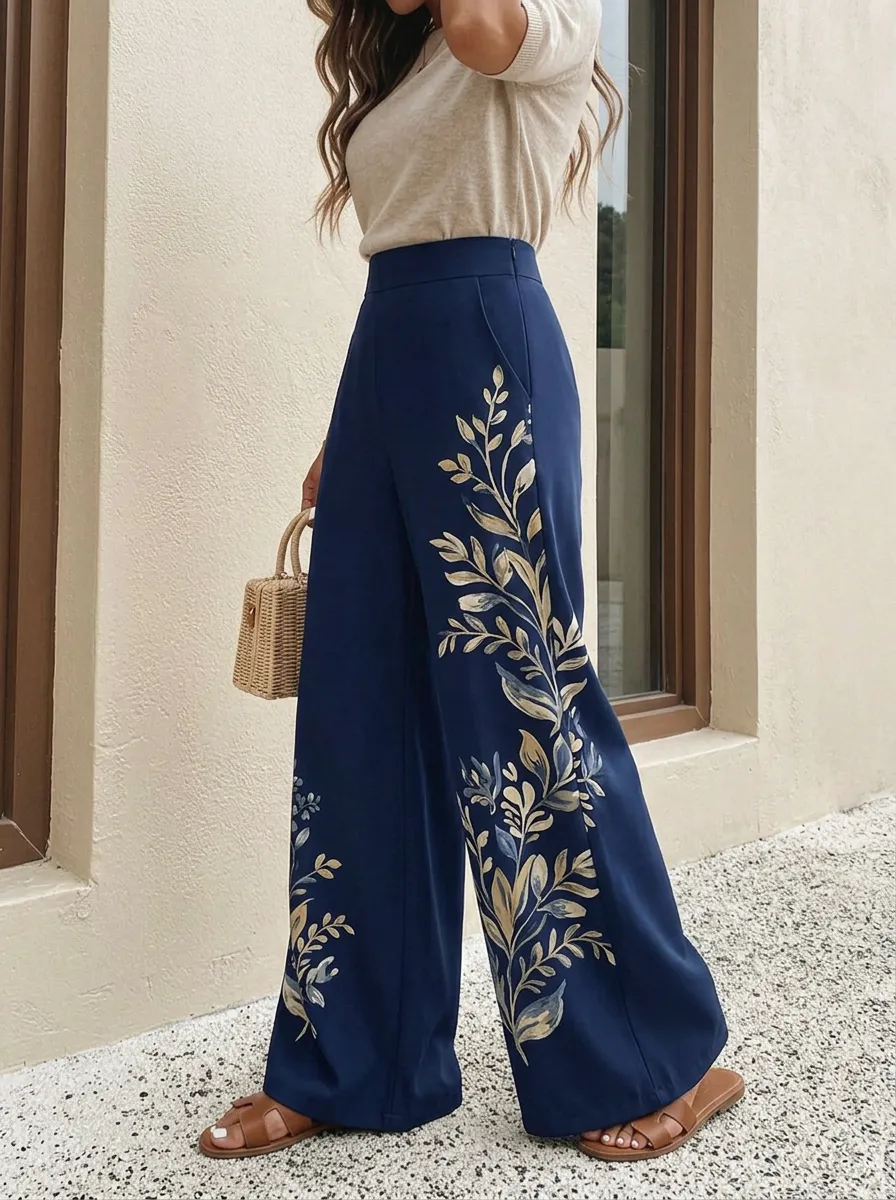 Women's Botanical Nature Floral Patterned High-Waist Wide-Leg Pants