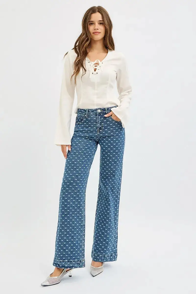 High Waist Wide Leg Embroidered Denim Jeans
