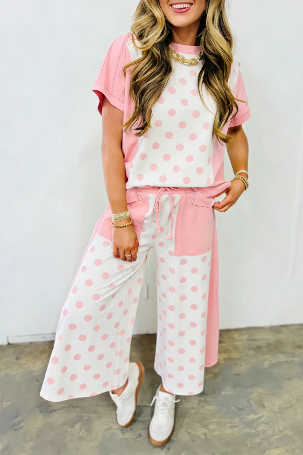 Patchwork Polka Dot Wide Leg Two Piece Set