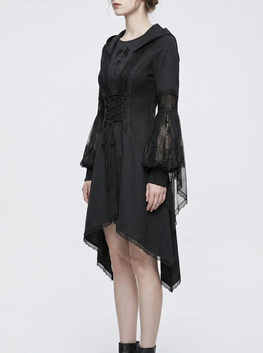 Women's Gothic Rose Skull Lace Corset Hooded Top