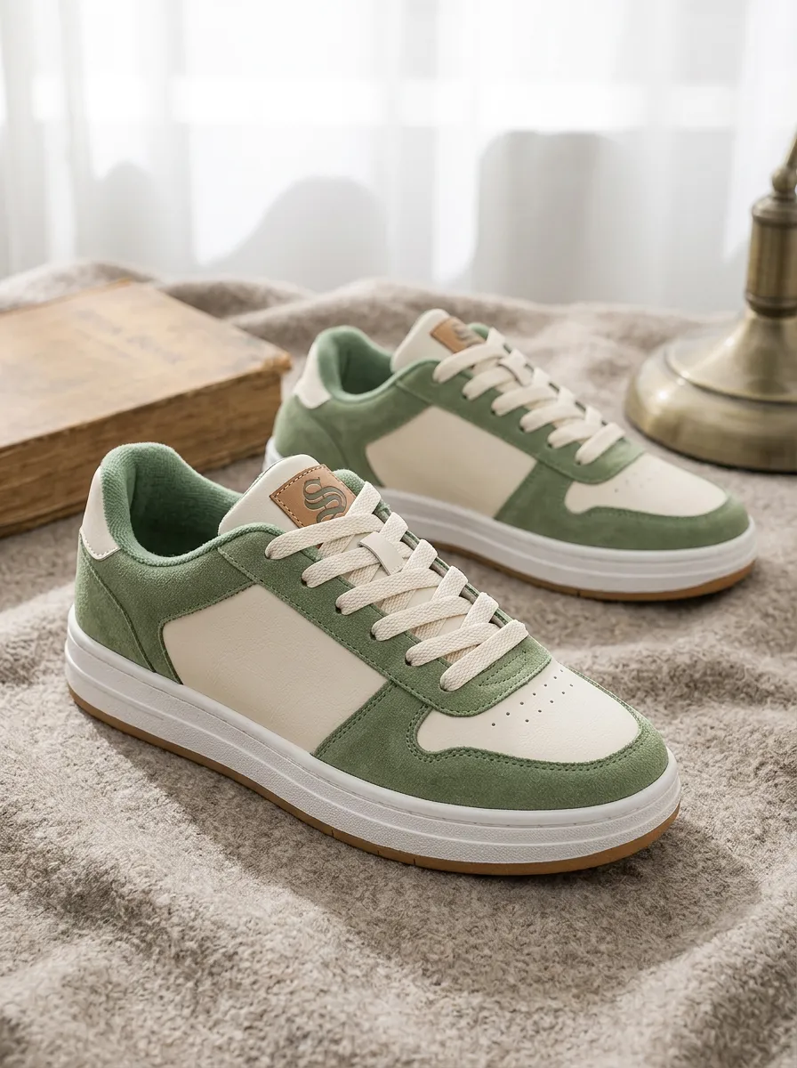 Unisex Sage Green Cream Suede Leather Casual Printed Shoes
