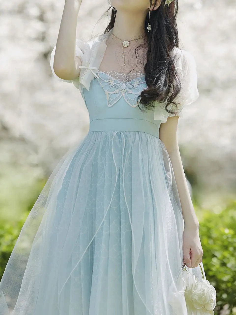 Embroidered Butterfly Puff Long Dress