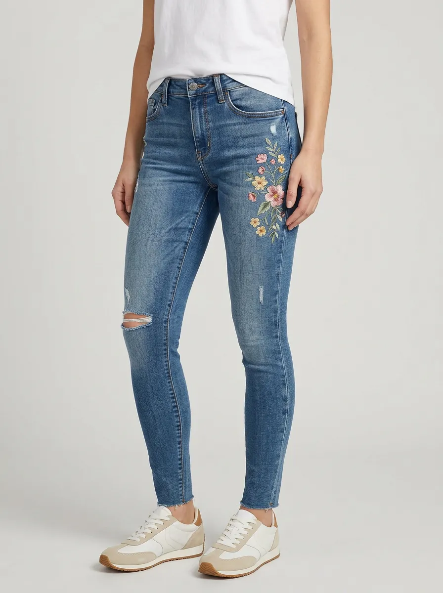 Women's Floral Embroidered Distressed Slim Jeans