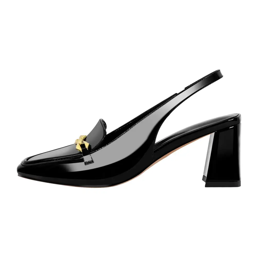 Patent Finish Square Toe Chunky Heel Slingback Pumps