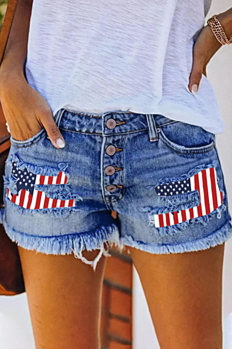 American Flag Pattern Button Fly Raw Hem Denim Shorts