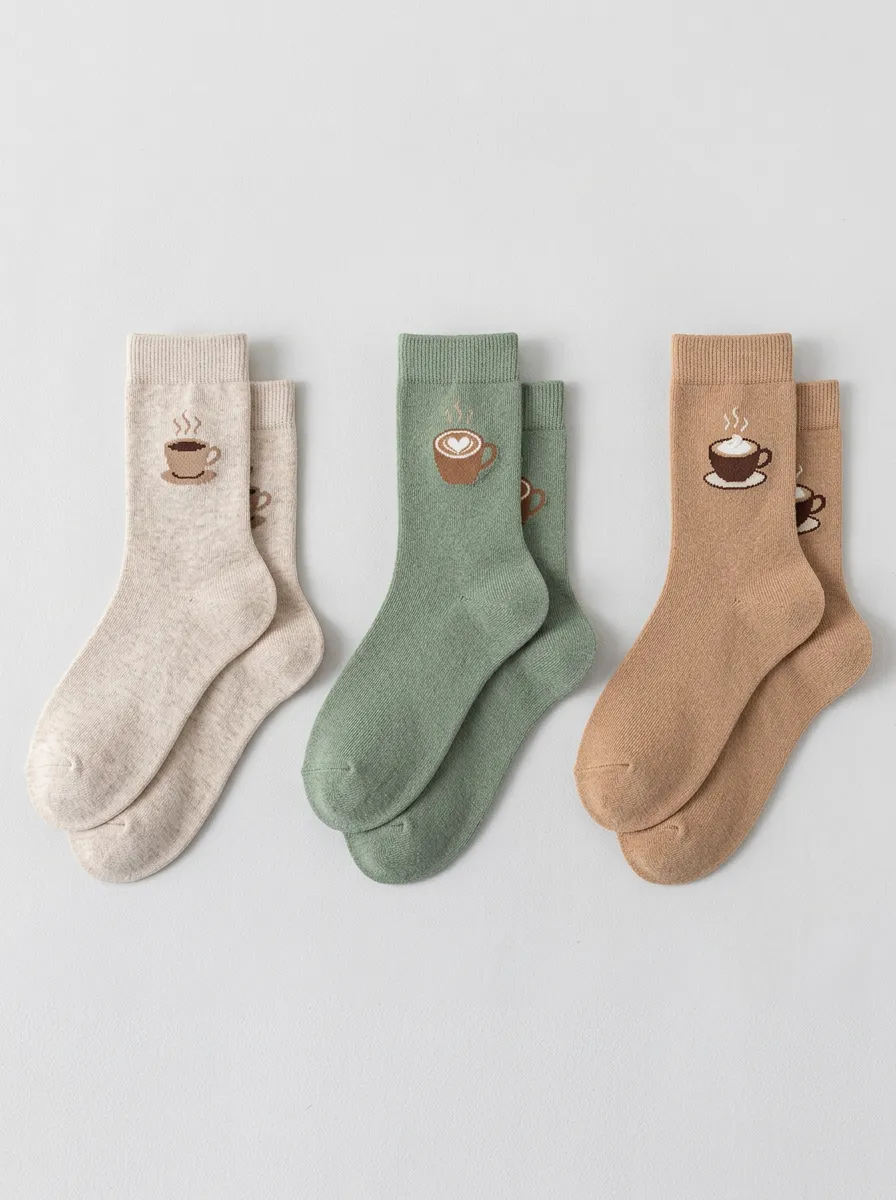 Women's Three-Pair Latte Art Embroidered Crew Sock Set